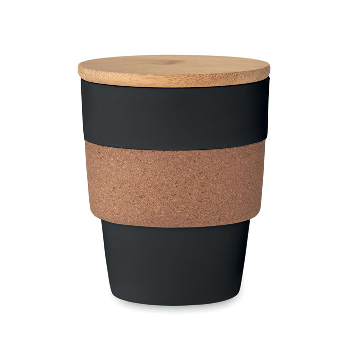 Beker 300 ml met kurken band en bamboe deksel, zwart