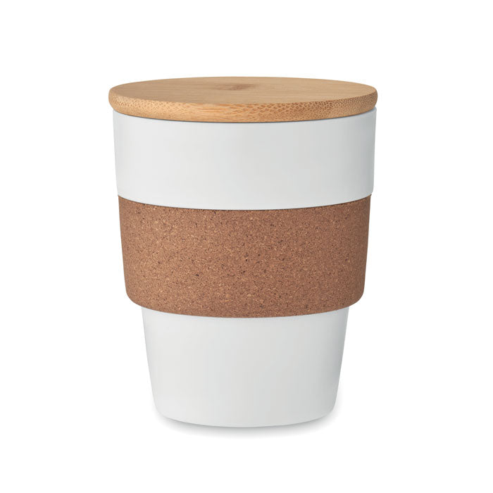 Beker 300 ml met kurken band en bamboe deksel, wit