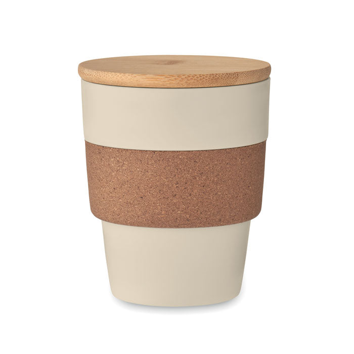 Beker 300 ml met kurken band en bamboe deksel, beige