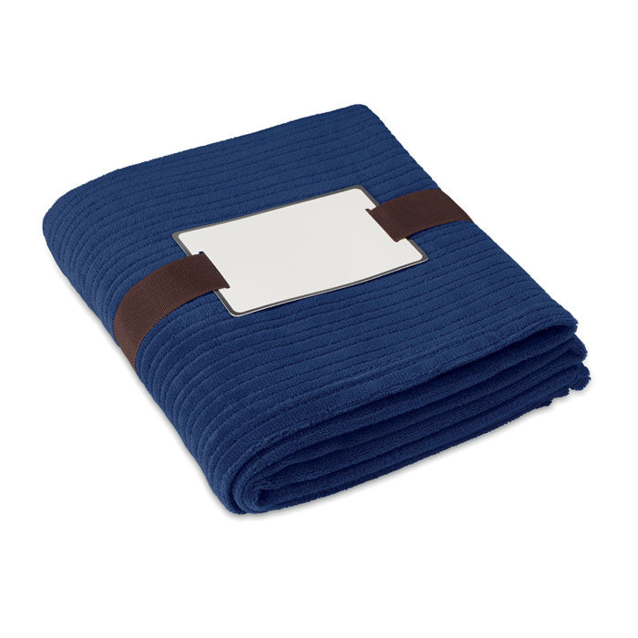 Dikke fleece deken met bedrukbaar kaartje, blauw
