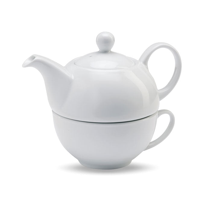 Theeset met theepot en kopje, keramiek, wit