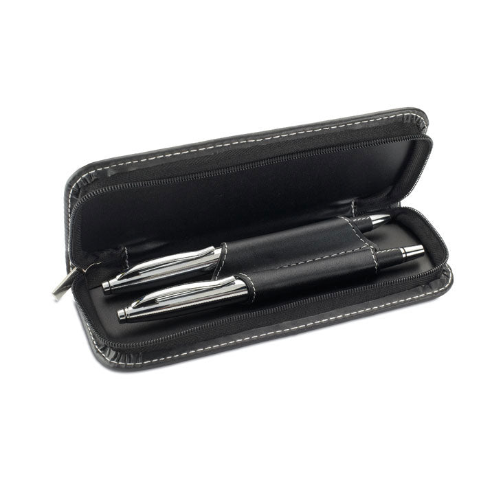 Pennenset met balpen en rollerpen in etui, zwart