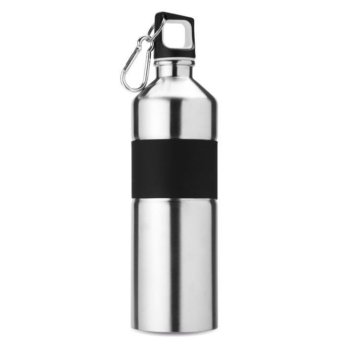 Drinkfles 750 ml met rubberen grip en karabijnhaak, mat zilver