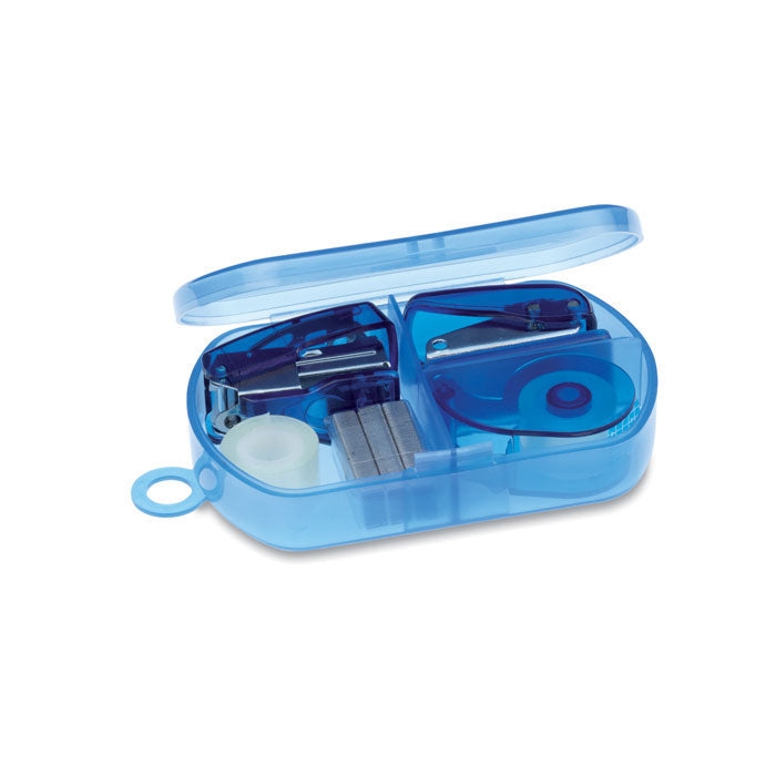 Bureauset met plakband, perforator en nietmachine, transparant blauw