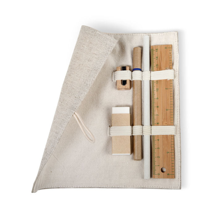 Bureauset in jute hoes met gum, liniaal en pen, beige