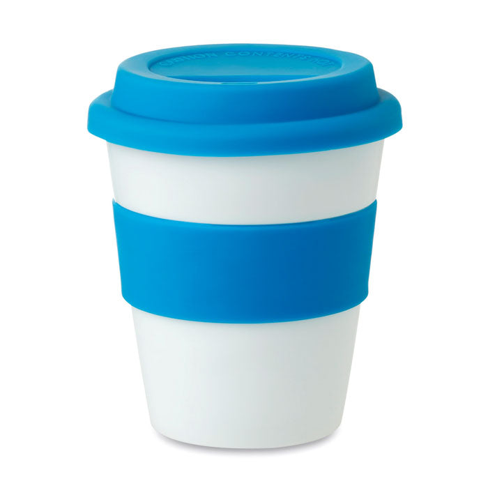 Beker 350 ml met siliconen deksel en gripband, blauw