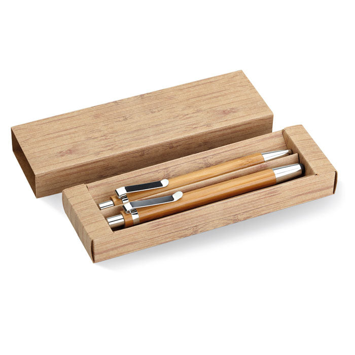 Pennenset van bamboe met balpen en vulpotlood, hout