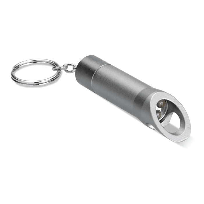 Sleutelhanger met LED-lampje en flessenopener, steengrijs