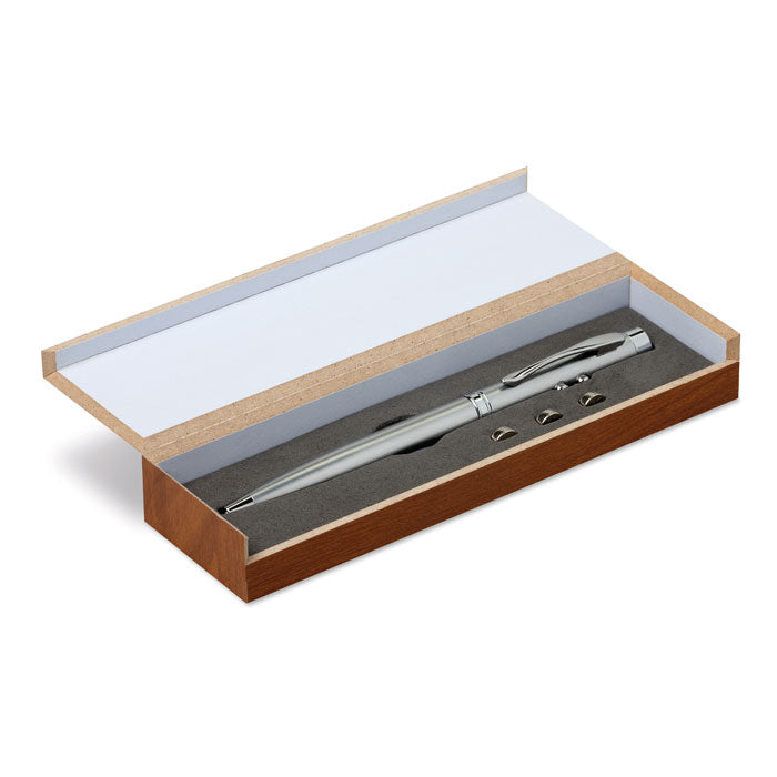 Multifunctionele pen met licht en laser, houten doosje, zilver