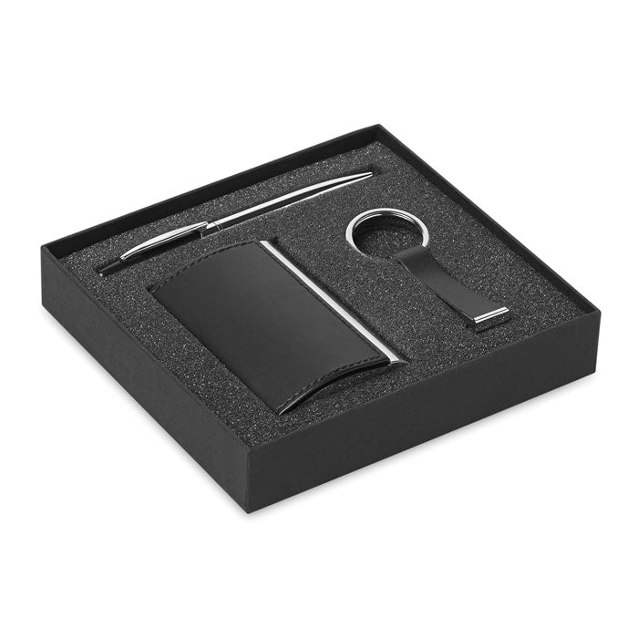Zakelijke geschenkset met balpen en visitekaarthouder, zwart