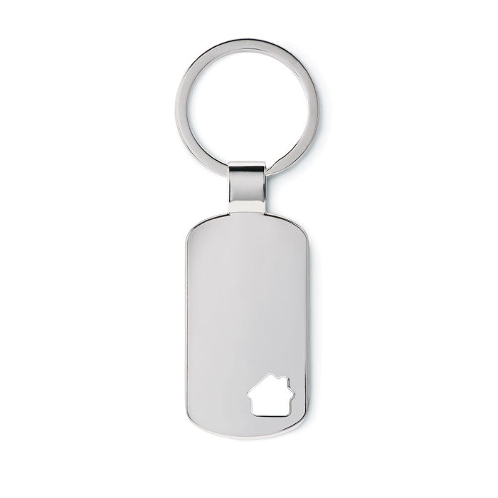 Metalen sleutelhanger in de vorm van een huis, mat zilver