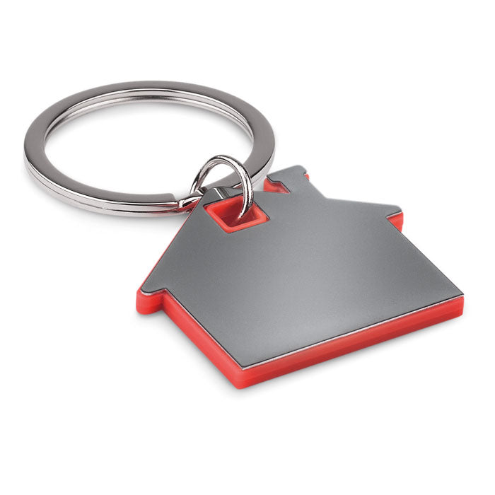 Metalen sleutelhanger in de vorm van een huisje, rood