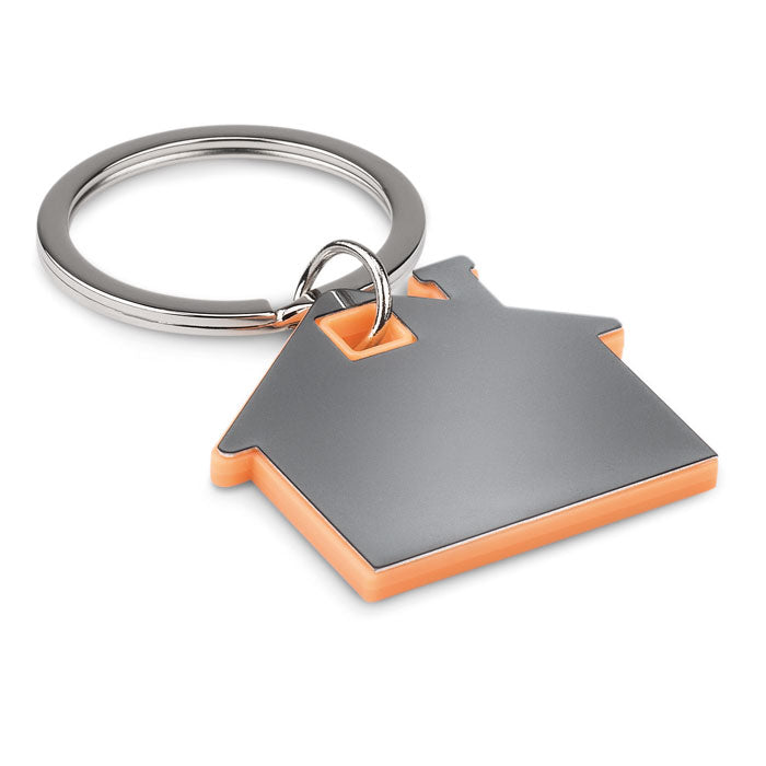 Metalen sleutelhanger in de vorm van een huisje, oranje