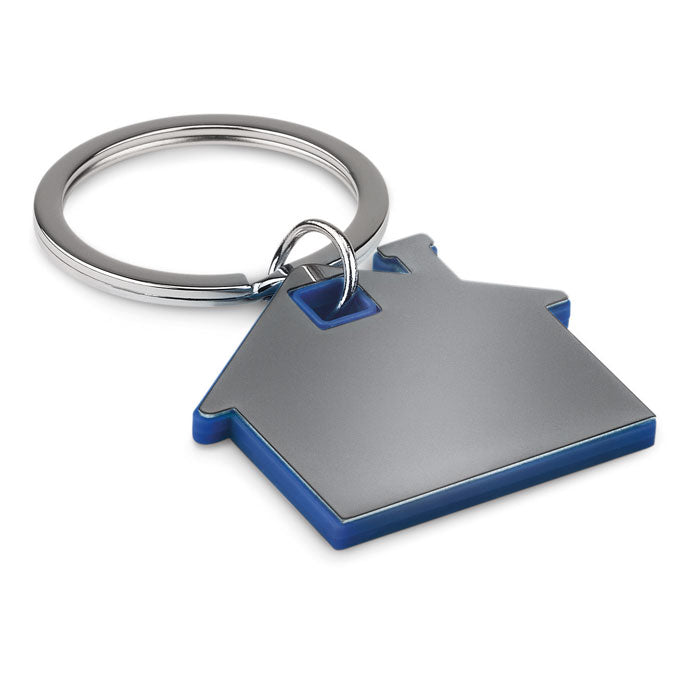 Metalen sleutelhanger in de vorm van een huisje, royal blauw