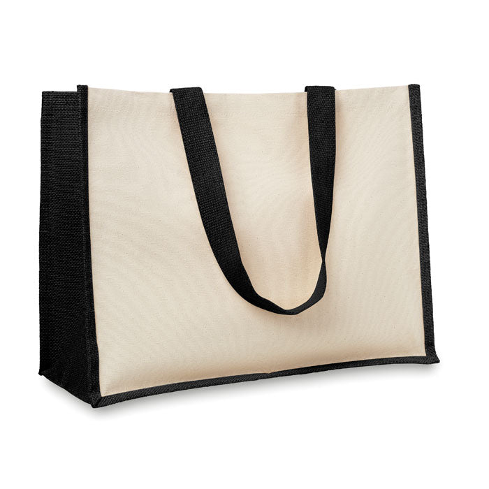 Boodschappentas van jute en canvas, lange hengsels, zwart