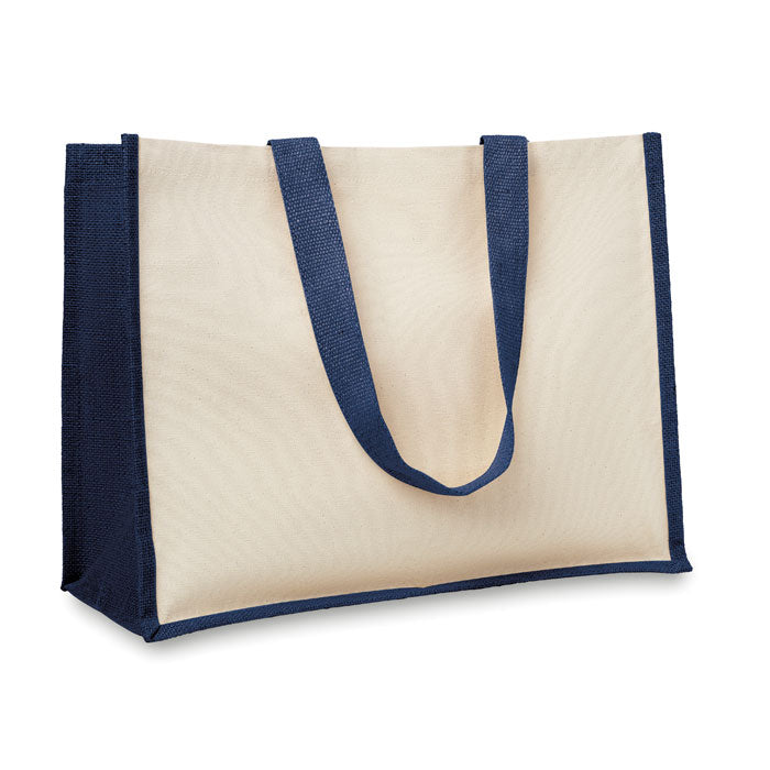 Boodschappentas van jute en canvas, lange hengsels, blauw