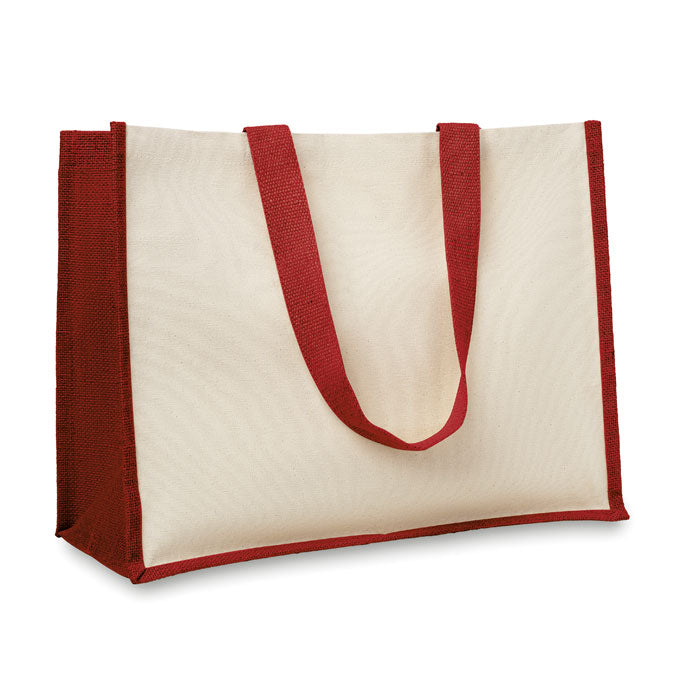 Boodschappentas van jute en canvas, lange hengsels, rood