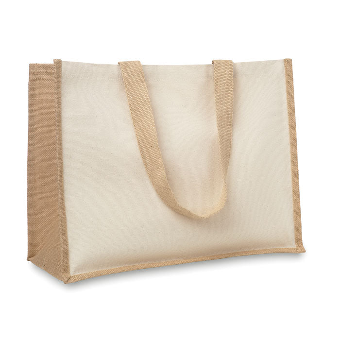 Boodschappentas van jute en canvas, lange hengsels, beige