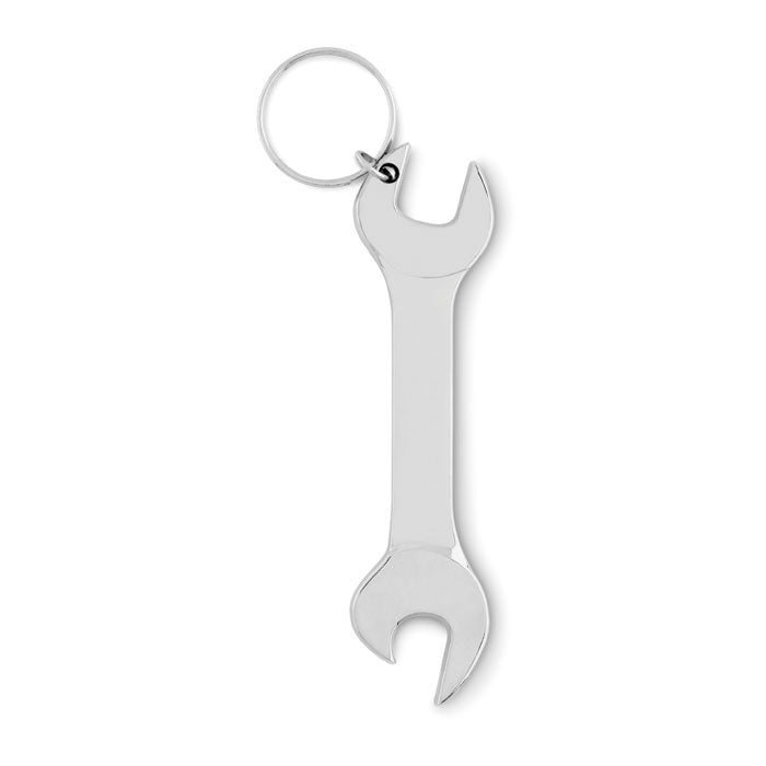 Sleutelhanger met flesopener, ringsleutelvorm, zilver