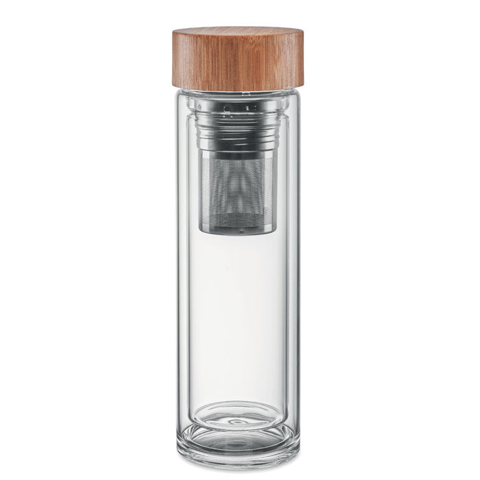 Dubbelwandige glazen drinkfles met theefilter, transparant