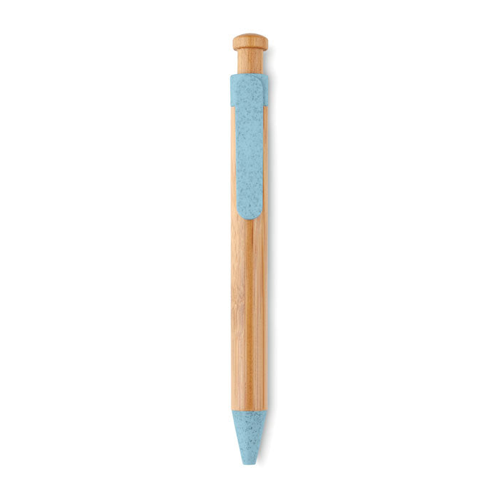 Balpen met bamboe behuizing en gekleurde details, blauw