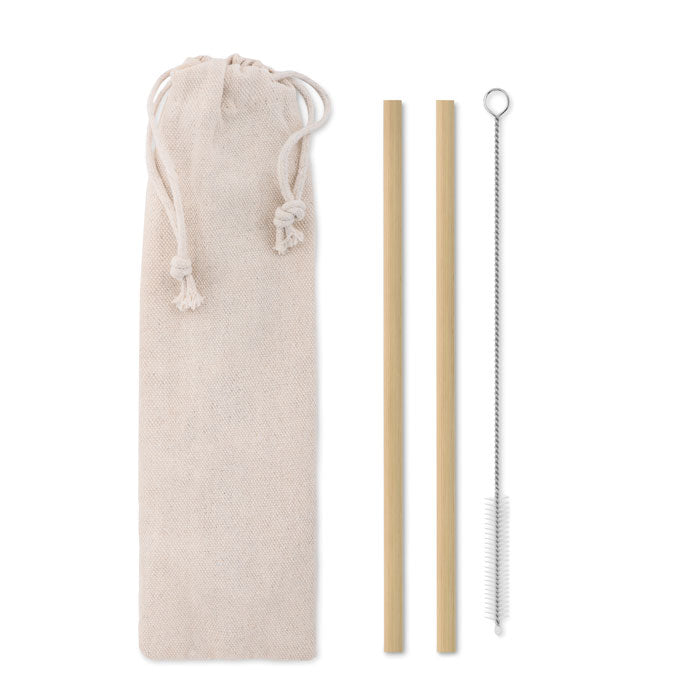 Set herbruikbare bamboe rietjes met schoonmaakborsteltje, beige