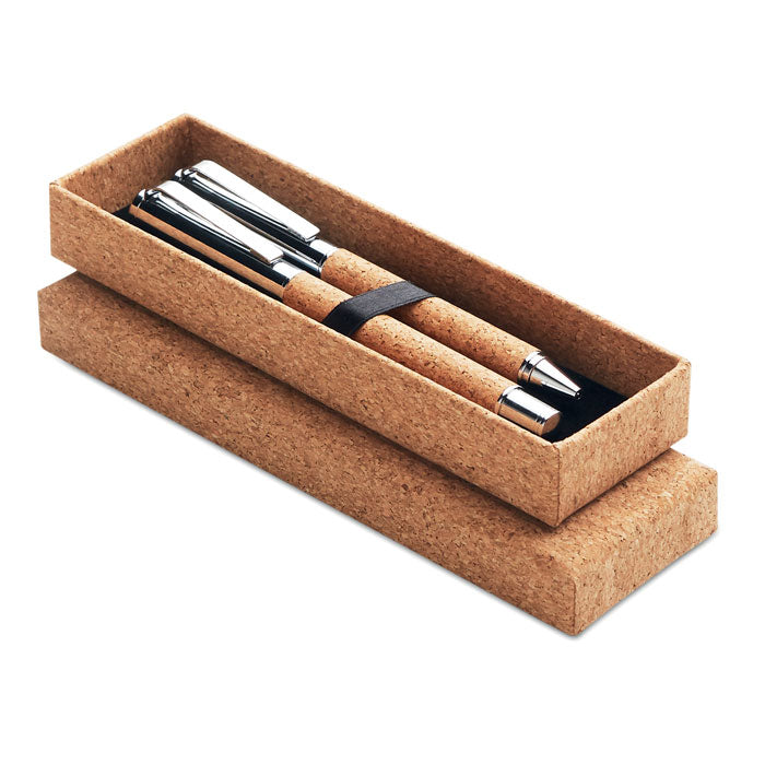Pennenset met balpen en rollerbal in kurken geschenkdoos, hout