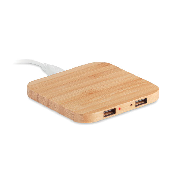Draadloze oplader van bamboe met 2 USB-hubs, hout