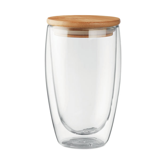 Dubbelwandig glas 450 ml met bamboe deksel, transparant