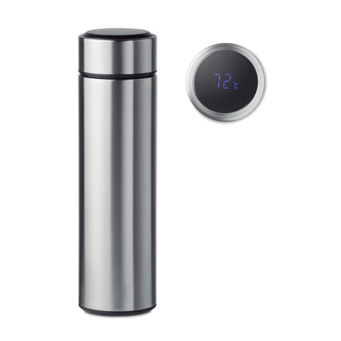 Drinkfles 450 ml met LED-thermometer in de dop, mat zilver