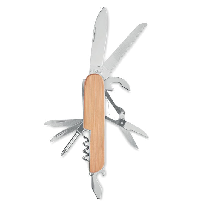 Zakmes met 9 functies, bamboe behuizing, hout