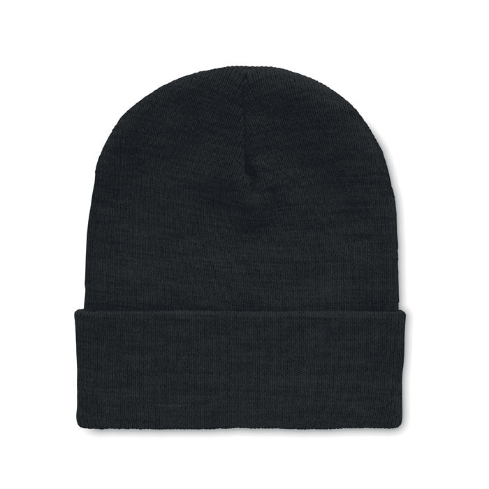 Gebreide beanie met omslag, gerecycled, zwart