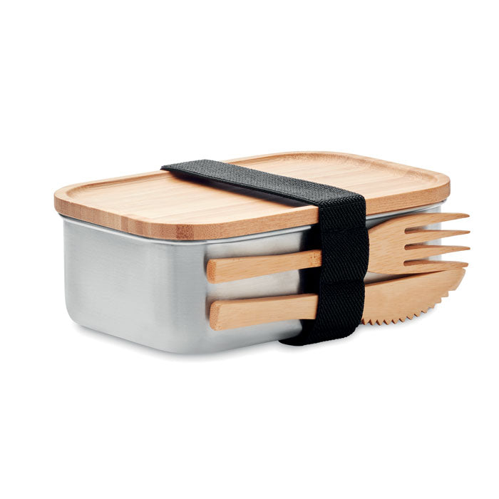 Lunchbox RVS met bamboe deksel en bestek, 600 ml, hout