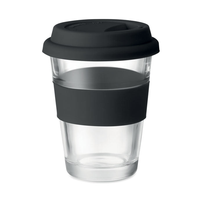 Glazen drinkbeker met siliconen deksel, 350 ml, zwart