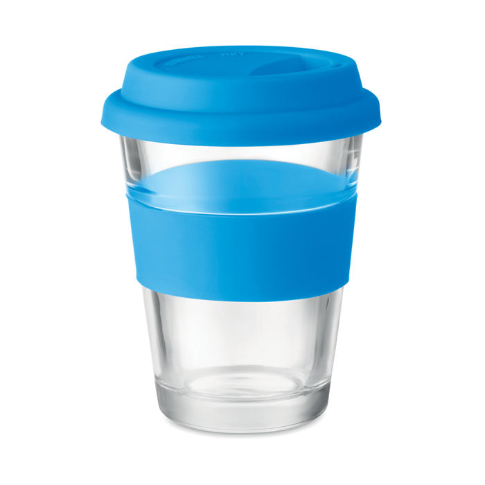 Glazen drinkbeker met siliconen deksel, 350 ml, blauw