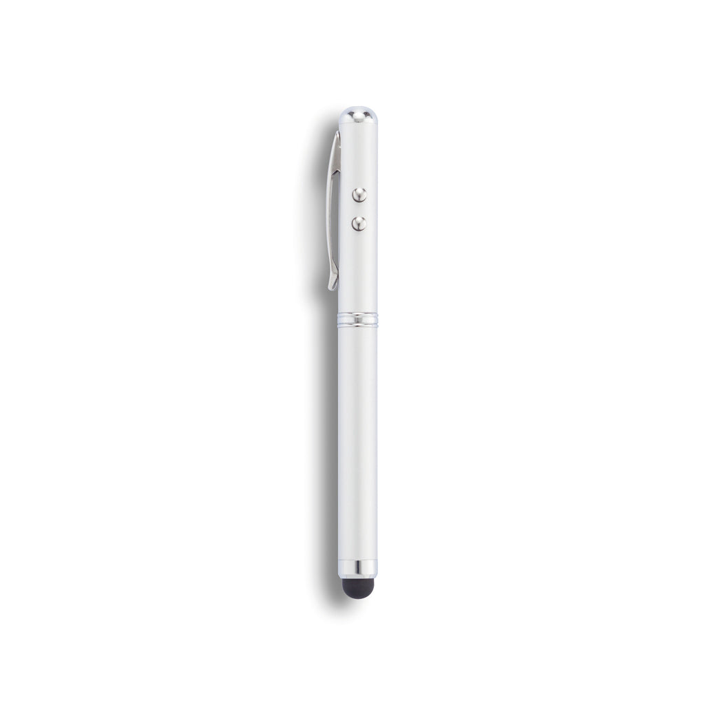 4-in-1 pen met stylus, zaklamp en laserpointer, zilver