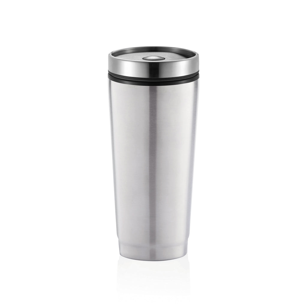 Mok 350 ml met sluitbaar deksel en druksysteem, één hand, zilver