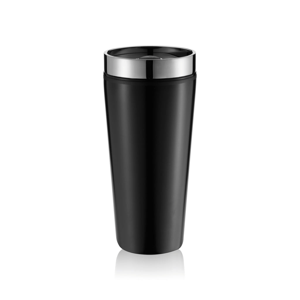 Mok 350 ml met sluitbaar deksel en druksysteem, één hand, zwart
