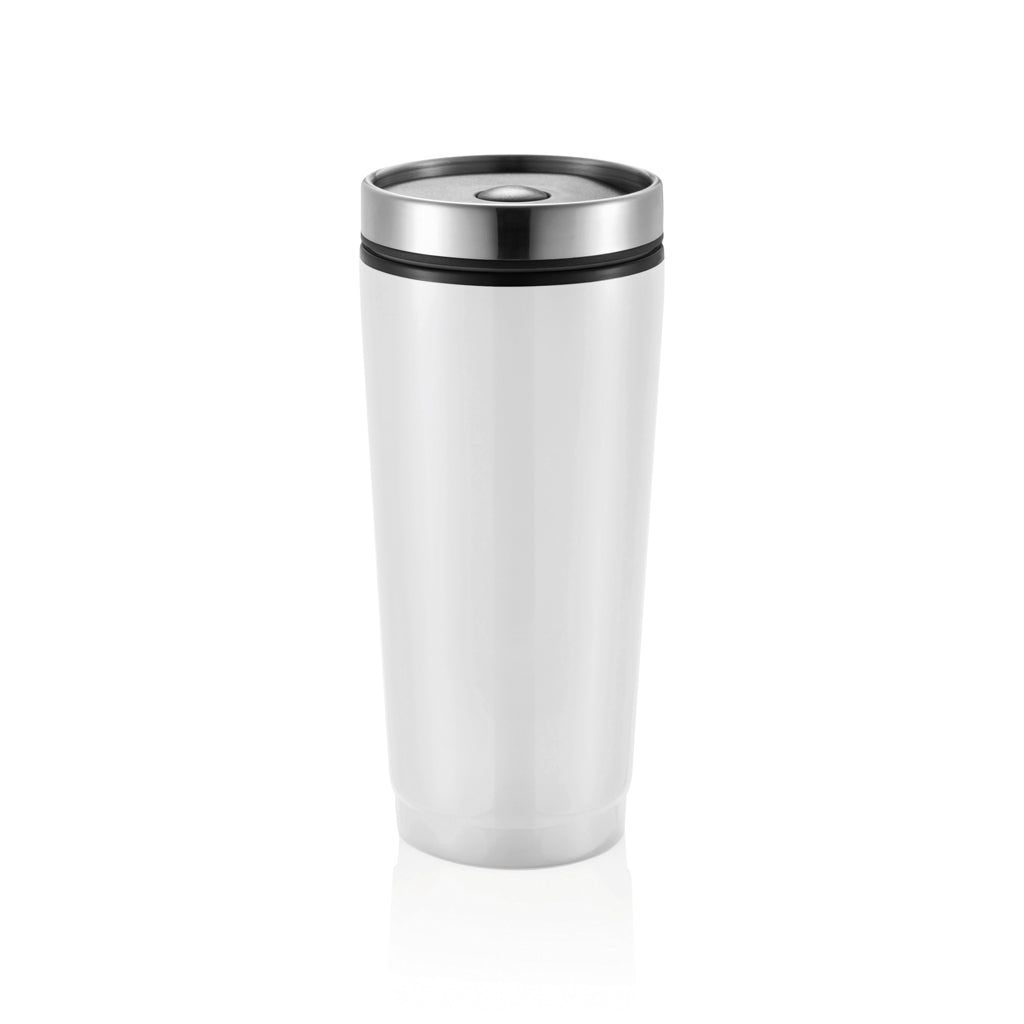 Mok 350 ml met sluitbaar deksel en druksysteem, één hand, wit