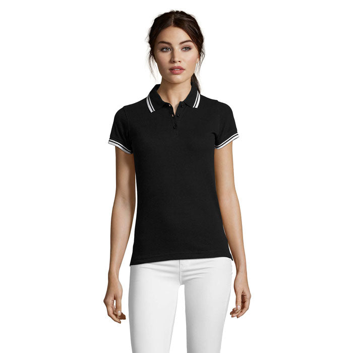 Dames polo met contrasterende kraag, 100% katoen, zwart/wit
