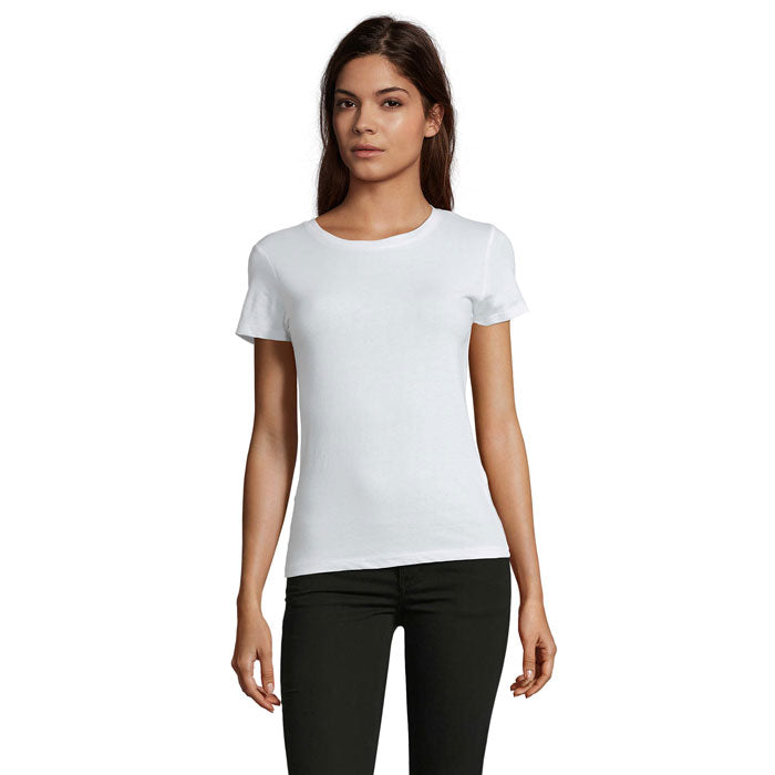 Aansluitend dames T-shirt, ronde hals, 150 g/m2, wit