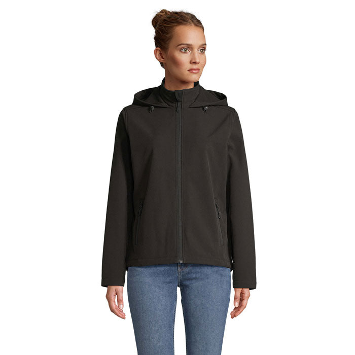 Dames softshell jas met capuchon, gerecycled, zwart