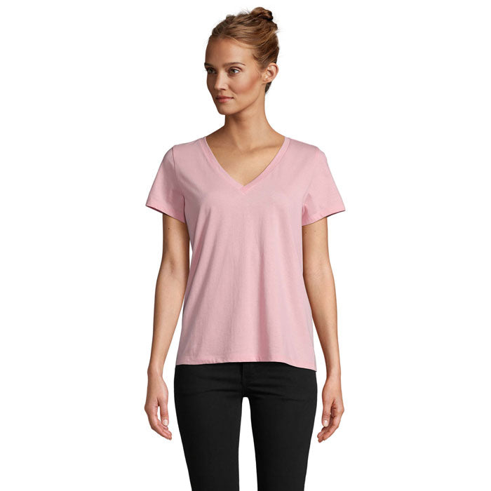 Dames T-shirt met V-hals, katoen, snoep roze