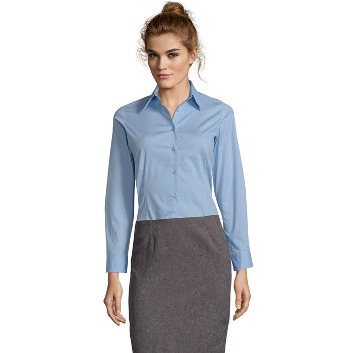 Blouse dames met stretch, lange mouwen, heldere hemel