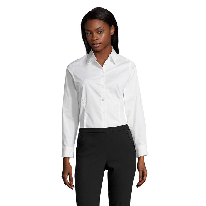 Blouse dames met stretch, lange mouwen, wit
