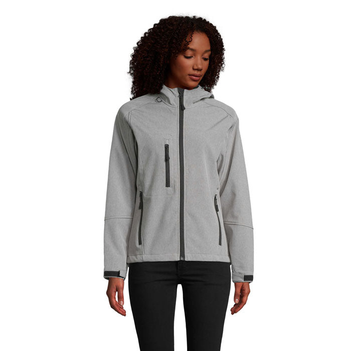 Softshell jas dames met capuchon, grijs gemeleerd